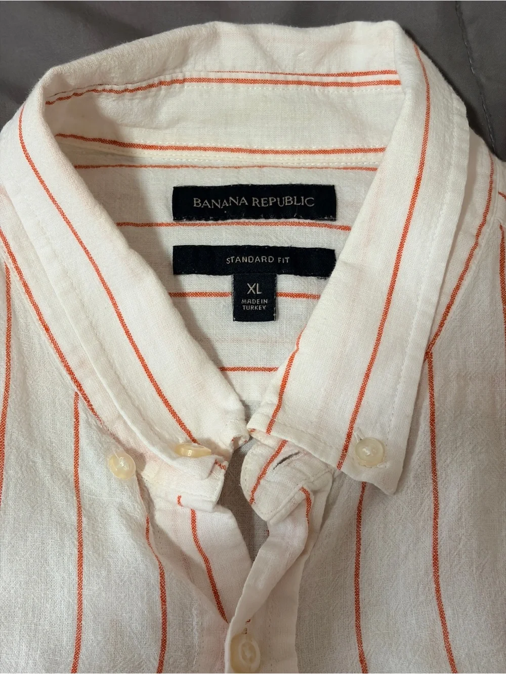 Banana Republic White Short-Sleeve Button-Down with Orange Stripes